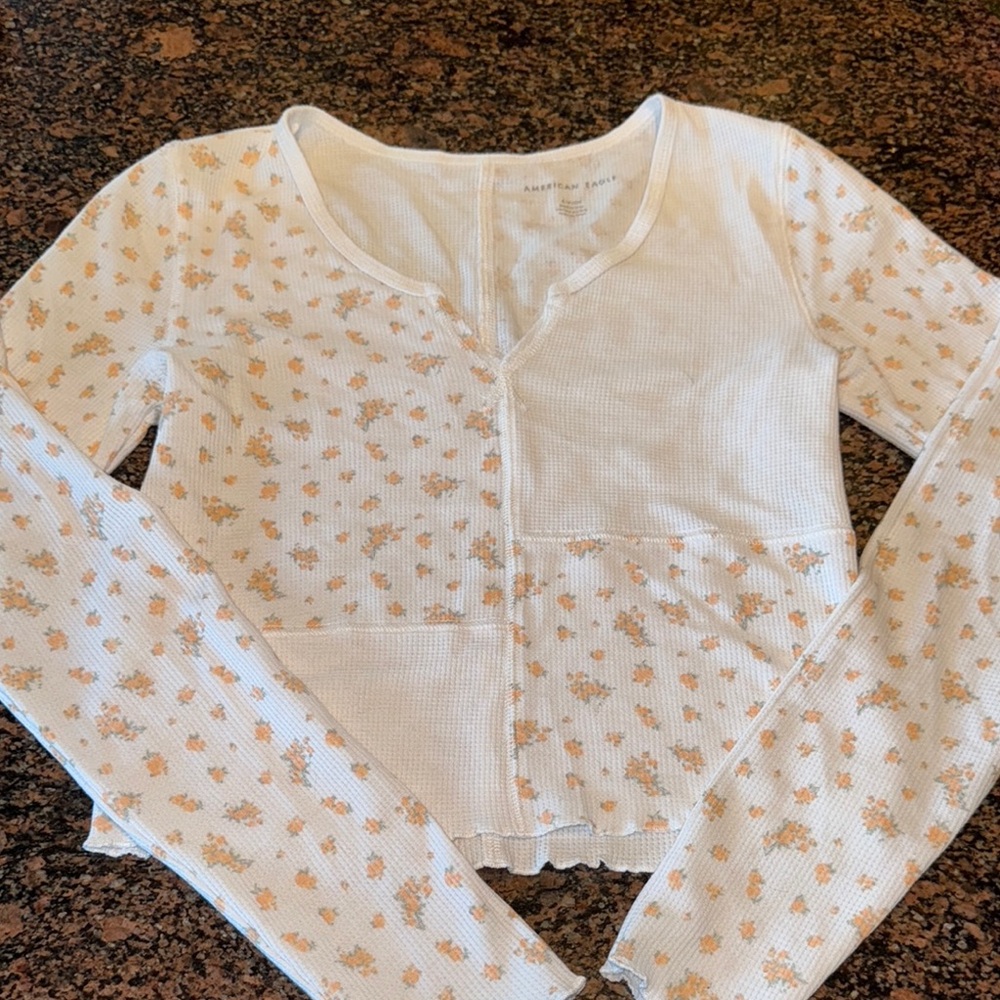 Womens Floral Long Sleeve Top - White and Orange